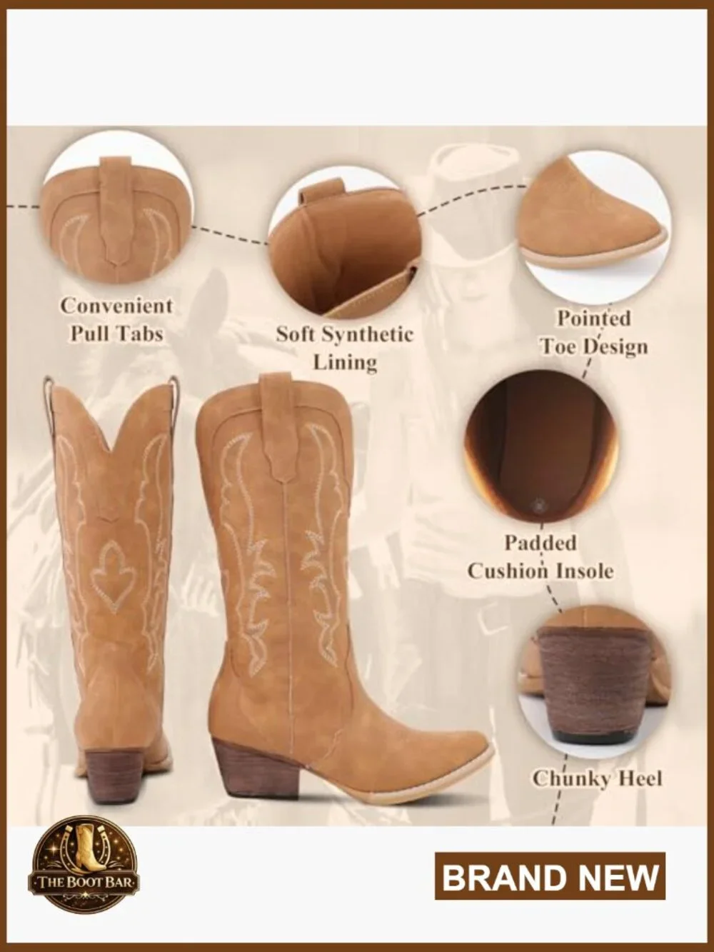 Women's Mid-Calf Cowboy Boots Faux Leather Pointed Toe Block Heel Pull-On - Picture 4 of 6
